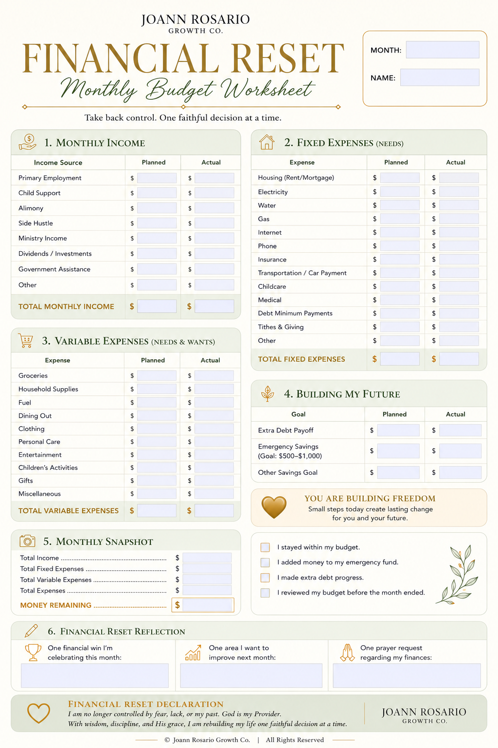 Financial Reset Monthly Budget Worksheet (Fillable Excel Spreadsheet)